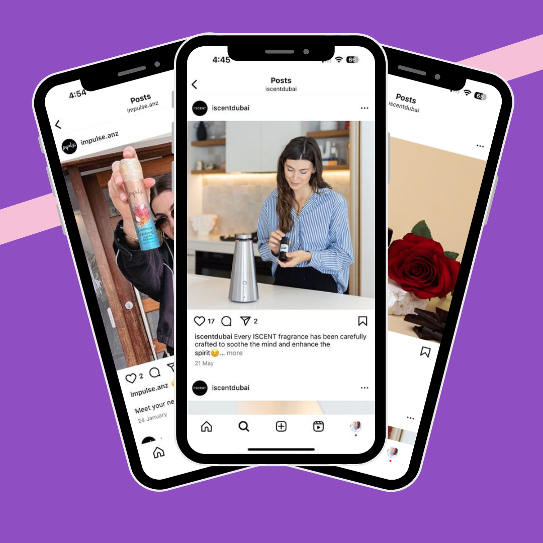 Three phones showing social media feed